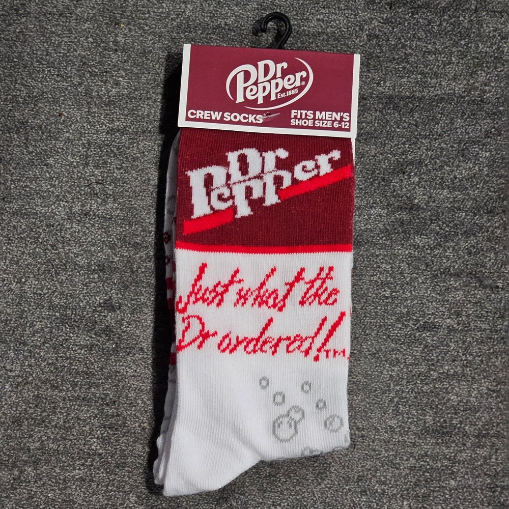 NEW Dr Pepper Mens Crew Socks White Maroon Just What The Dr Ordered Size 6-12